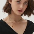 Double-layer 18K gold plated snake chain necklace with small white pearls and round pendant - Double Layer Snake Chain (H333) / Gold