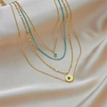 Four-layer 18K gold plated titanium necklace set with turquoise beads and sunburst pendant - Round Medallion Turquoise (H1016) / Gold