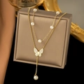 Double-layer 18K gold-plated titanium necklace with white pearls and butterfly pendant - White Shell Pearl Butterfly (H1122) / Gold