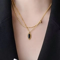 Double-layered 18K gold plated necklace with black oval pendant and bead chain - Black Oval (H6162) / Gold