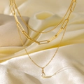 Triple-layer 18K gold plated titanium necklace with paperclip chain and white pearl pendant - Triple Chain Pearl Style (H1038) / Necklace / Gold