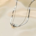 Silver double layer necklace with flat snake chain and pavé zircon pendant charm - Lucky Ring Style (H1109) / Steel