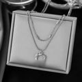 Double-layered silver titanium steel necklace featuring snake chain and geometric pendant - Double Layer Style (H6174) / Steel