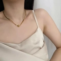 Double layered 18K gold plated titanium steel necklace with sleek ball pendant - Round Bead Pendant Double Layer Necklace (H1328) / Gold