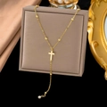 Elegant 18K gold plated titanium steel Y-shaped necklace with cross pendant and small zircon - Cross Tassel (H6085) Gold