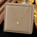 Elegant 18K gold plated titanium steel necklace with a four-leaf clover zircon pendant - Flower White Zircon (H306) Gold