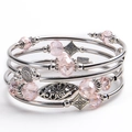 Pink zebra stone wrap bracelet with multi-layer beads and vintage silver flower charms - Rose Quartz