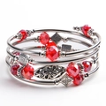 Multi-layer wrap bracelet featuring red faceted beads and silver metal tubes in ethnic style - Red Crystal