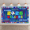 2026 World Cup theme backdrop featuring soccer ball and global flags for party decor - Soccer Event Welcome Backdrop (SBJ-002) / 95x75cm