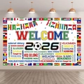 Vibrant 2026 World Cup theme soccer party backdrop with flags and welcome typography - Multilingual Welcome Backdrop Banner (SBJ-004) / 95x75cm