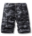 Detailed view of camo cargo shorts featuring large side pockets and zipper accents - Gray Camouflage