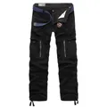 Men's winter fleece cargo pants in black with multiple pockets and a blue woven belt - EU 28 / Black