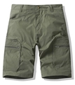 Detail view of cargo shorts with large flap pockets and secure metal zippers on fabric - Army Green