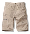 Close-up detail of khaki cargo shorts with reinforced stitching and zippered side pockets - Khaki