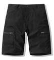 Detailed view of black cargo shorts with metal button closure and side zipper pockets - Black