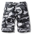 Detailed close-up of men's camouflage cargo shorts with large zippered utility pockets - Grey and White Camouflage