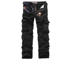 Detailed view of black cargo pants with multiple flap pockets and a blue fabric belt - EU 31 / Black