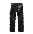 Men's black multi-pocket cargo pants with a striped canvas belt in a flat lay view - EU 28 / Black