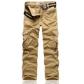 Men's loose multi-pocket khaki cargo pants with woven star buckle belt in flat lay view - EU 40 / Khaki
