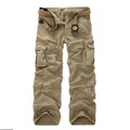 Men's relaxed fit multi-pocket cargo pants in khaki with canvas belt for outdoor wear - EU 28 / Light Khaki