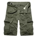 Army green men's cargo shorts with multi-pocket system and matching woven belt - Army Green