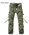 Men's loose multi-pocket cargo pants in army green cotton with matching belt - EU 28 / Grass Army Green