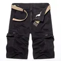 Men's loose black cargo shorts with multi-pockets and a fabric belt on white background - Black