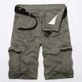 Army green cargo shorts for men with multi-pocket design and a black canvas belt - Earth Army Green