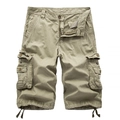 Men's khaki cargo shorts with multi-pockets and drawstring hem in cotton twill fabric - Khaki