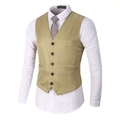 Close-up of khaki V-neck business vest with five buttons and decorative pockets - Khaki
