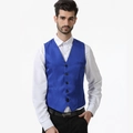 Close-up of royal blue men's suit vest featuring V-neck design and five buttons - Blue