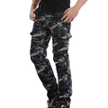 Detail view of blue camouflage cargo pants with functional side flap pockets for men - EU 29 / Navy Camo