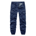 Detail of navy blue cargo pants featuring elastic drawstring waist and multi-pocket design - Royal Blue