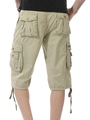 Men's khaki cargo shorts featuring multiple functional pockets and adjustable drawstring cuffs - Khaki