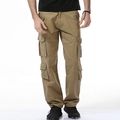 Men's khaki multi-pocket cargo pants in durable twill cotton with side flap pockets - Khaki