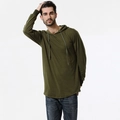Men's army green long sleeve hooded t-shirt with ribbed cuffs and curved hem line - M / Army Green