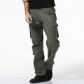 Men's military green cargo pants with multi-pockets in durable cotton twill fabric - Army Green