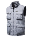 Dettaglio del gilet cargo grigio con multitasche, collo alto e chiusura a zip - M / Grigio chiaro