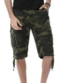 Detail view of cargo shorts with camouflage print, utility pockets, and drawstring hems - Dark Army Camo