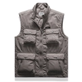 Men's dark gray outdoor utility vest with multi-pocket system and high stand collar - M / Grey Khaki
