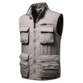 Gray multi-pocket utility workwear vest with stand collar and durable zipper closure - M / Grey Khaki