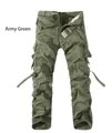 Men's loose multi-pocket cargo pants in army green cotton with canvas belt - EU 38 / Army Green