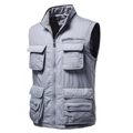 Men's loose multi-pocket cargo vest jacket in light gray with stand collar and front zipper - M / Light Gray