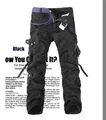 Classic loose black multi-pocket cargo pants with decorative purple belt for men - EU 38 / Black