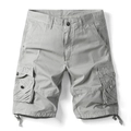 Detail view of light grey cargo shorts featuring durable cotton fabric and side flap pockets - EU 30 / Gray