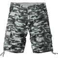 Men's camouflage cargo shorts with multi-pockets and adjustable drawstrings on white background - Gray White Camouflage