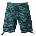 Detail view of large cargo pockets and adjustable drawstring hem on camouflage shorts - Sky Blue Camo