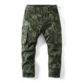 Detail of army green camouflage cargo pants with utility pockets and metal zipper accents - EU 29 / Army Green Camo
