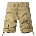 Men's khaki multi-pocket cargo shorts in durable cotton twill with adjustable drawstring cuffs - Khaki