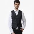 Detail view of black single-breasted vest featuring five buttons and smooth satin texture - Black